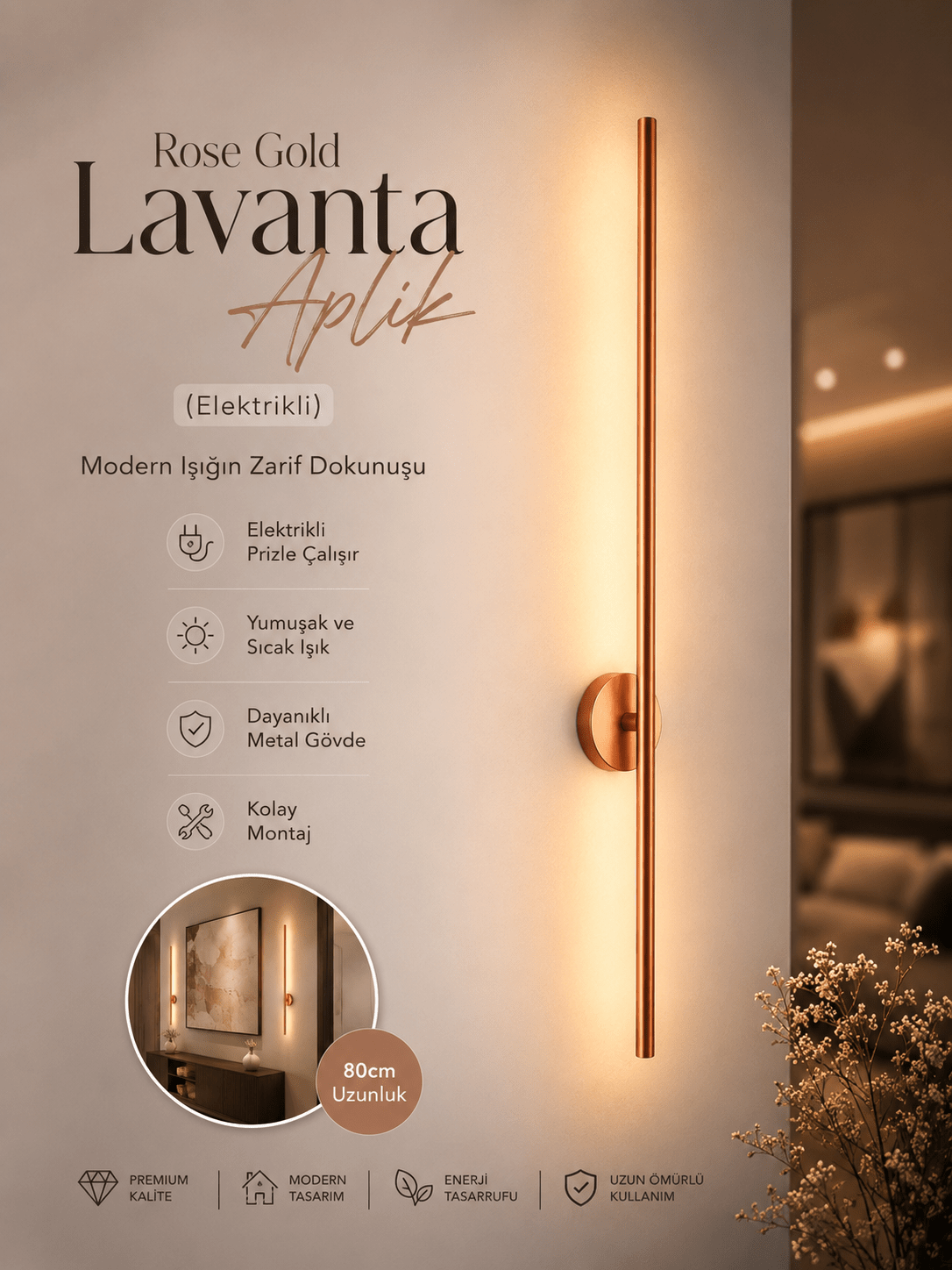 Rose Gold Kasa Lavanta Aplik 2 Adet Duvar Dekorasyon Aydınlatması Şık Ambiyans 12w Gün Işığı ELEKTRİKLİ - Voxify