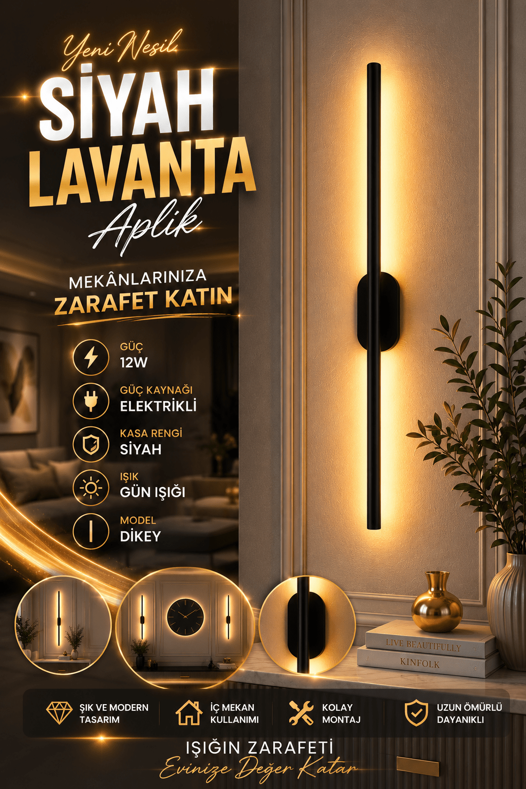Siyah Kasa Lavanta Aplik 2 Adet Duvar Dekorasyon Aydınlatması Şık Ambiyans 12w Gün Işığı ELEKTRİKLİ - Voxify