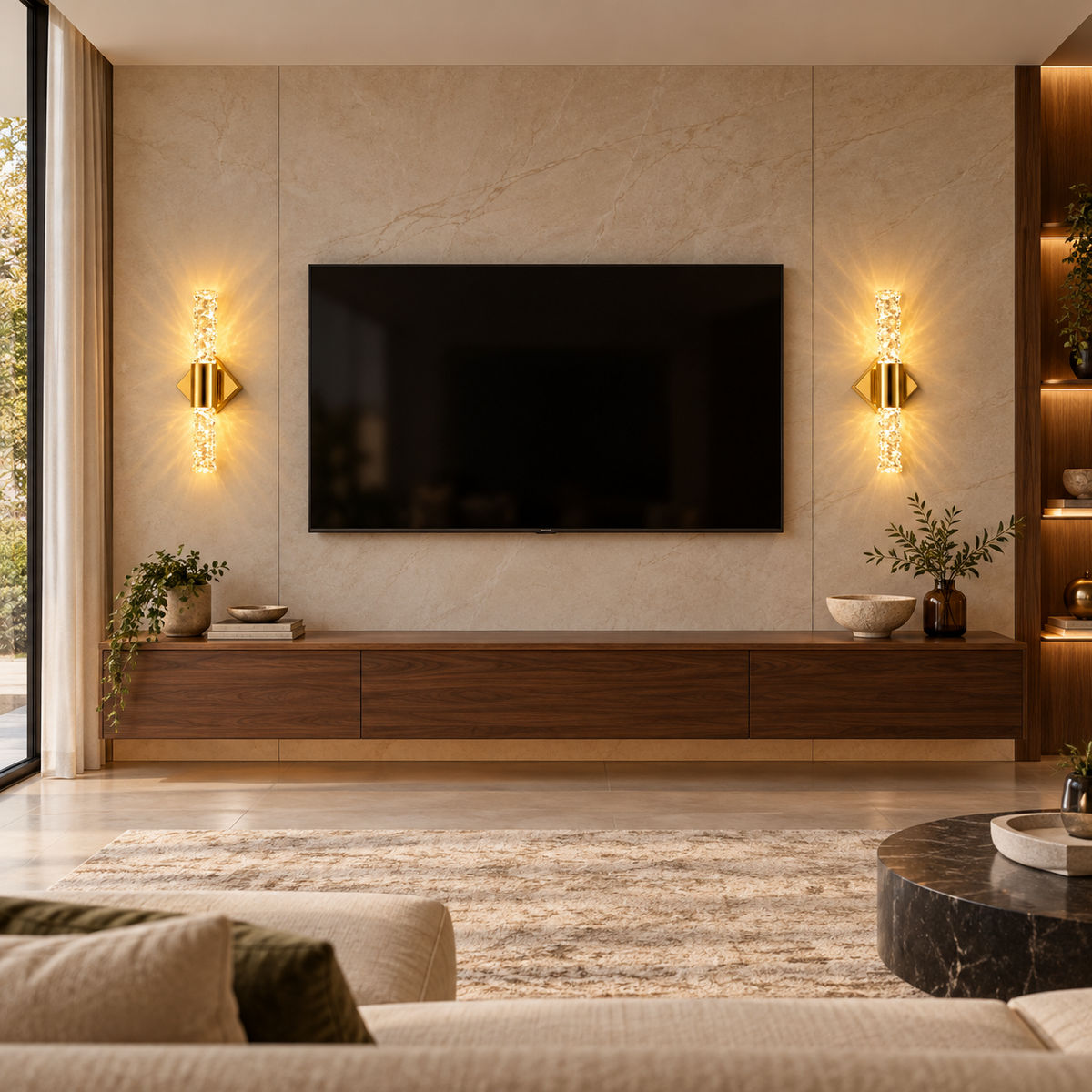VOXIFY Burgu Desenli Aplik Gold — TV ünitesi çevresinde ikili. Dekoratif kullanım görseli.