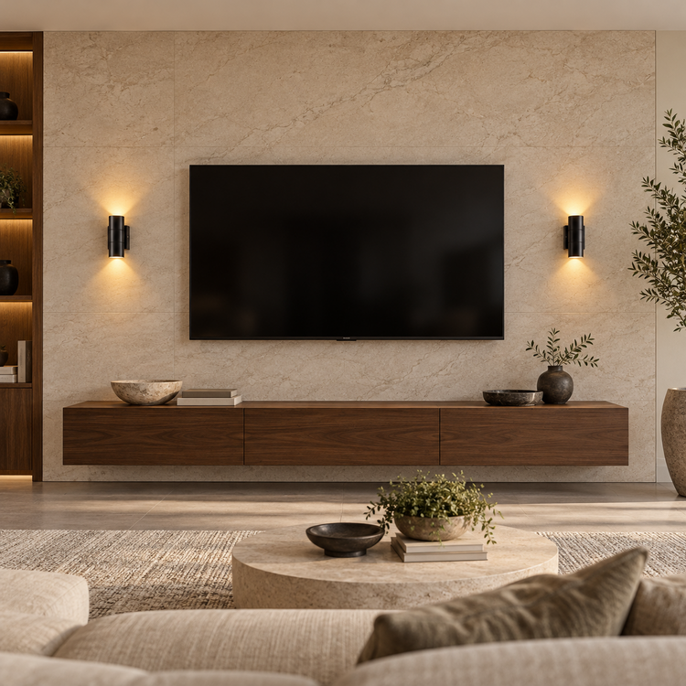 VOXIFY Silindir Aplik Siyah — TV ünitesi çevresinde ikili. Dekoratif kullanım görseli.