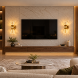 VOXIFY Yelpaze Formlu Aplik Gold — TV ünitesi çevresinde ikili. Dekoratif kullanım görseli.